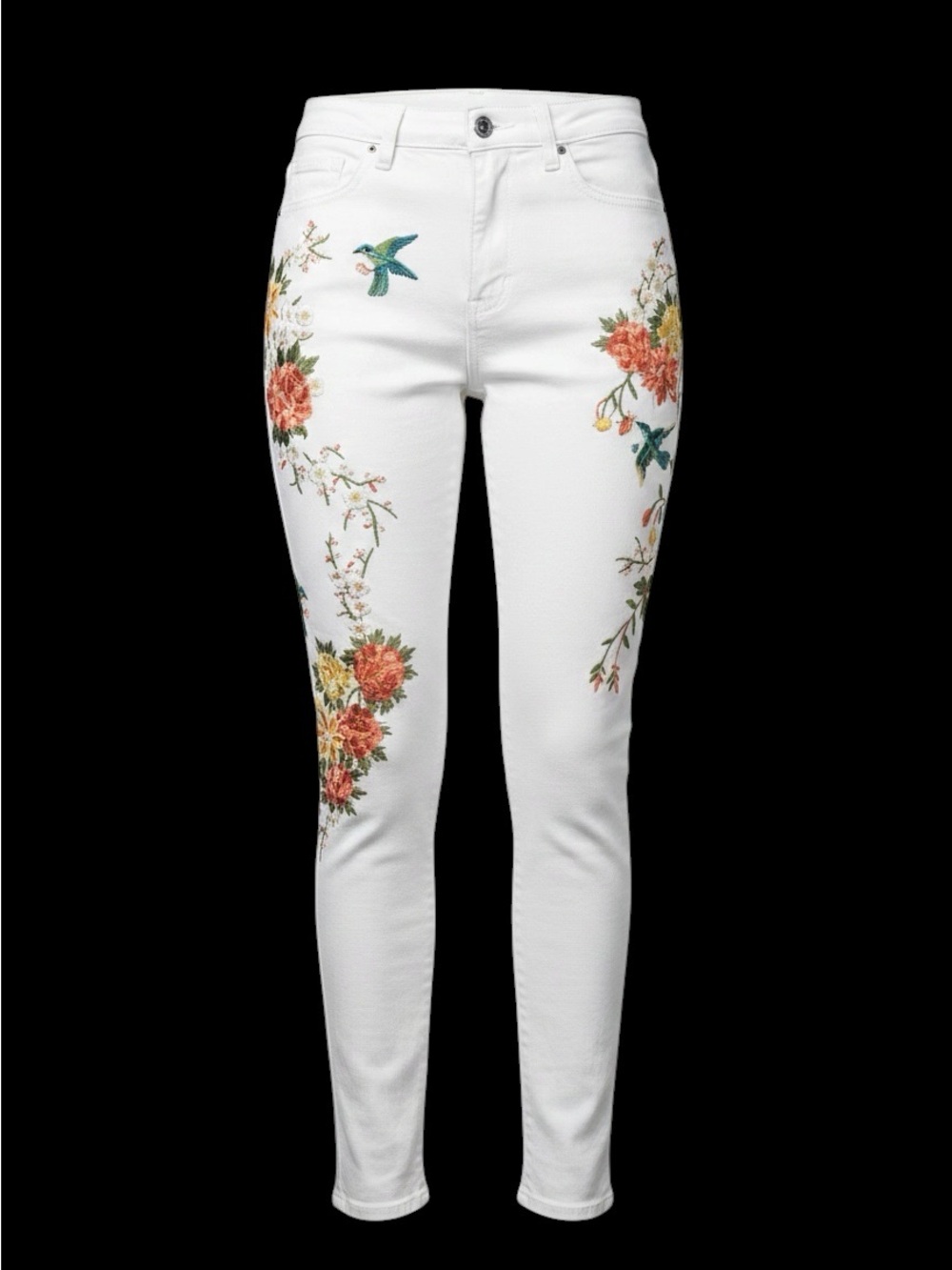 Nanette Lepore White High Rise Astor Skinny Jeans with Floral & Bird Embroidery